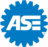Blue gear-shaped logo with the white letters ASE in the center, representing the National Institute for Automotive Service Excellence.