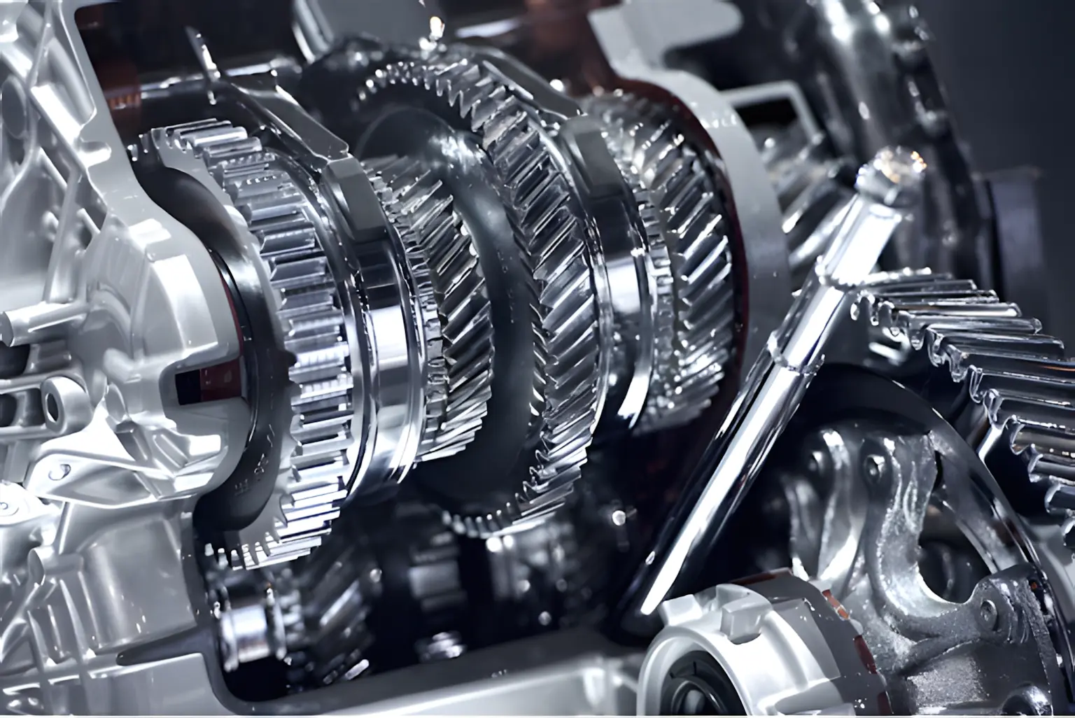 Car manual transmission gears and shafts inside gearbox showing a detailed view of helical gears and gear selector mechanism.